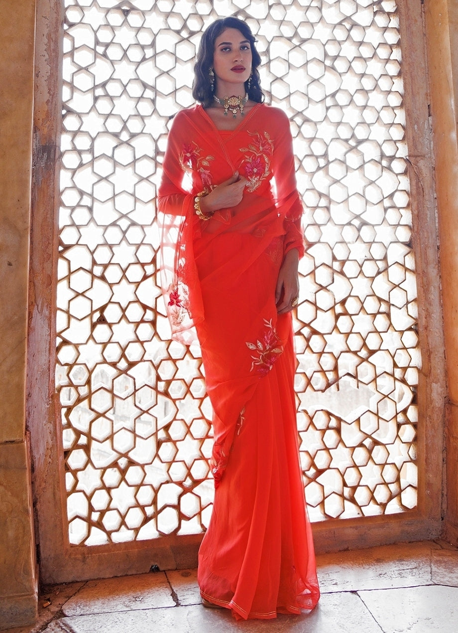 Peach Hand Embroidered Chiffon Saree