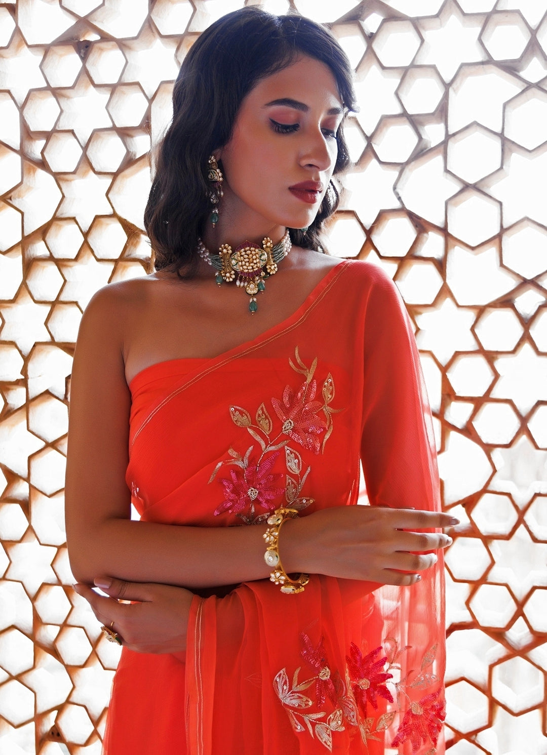 Peach Hand Embroidered Chiffon Saree