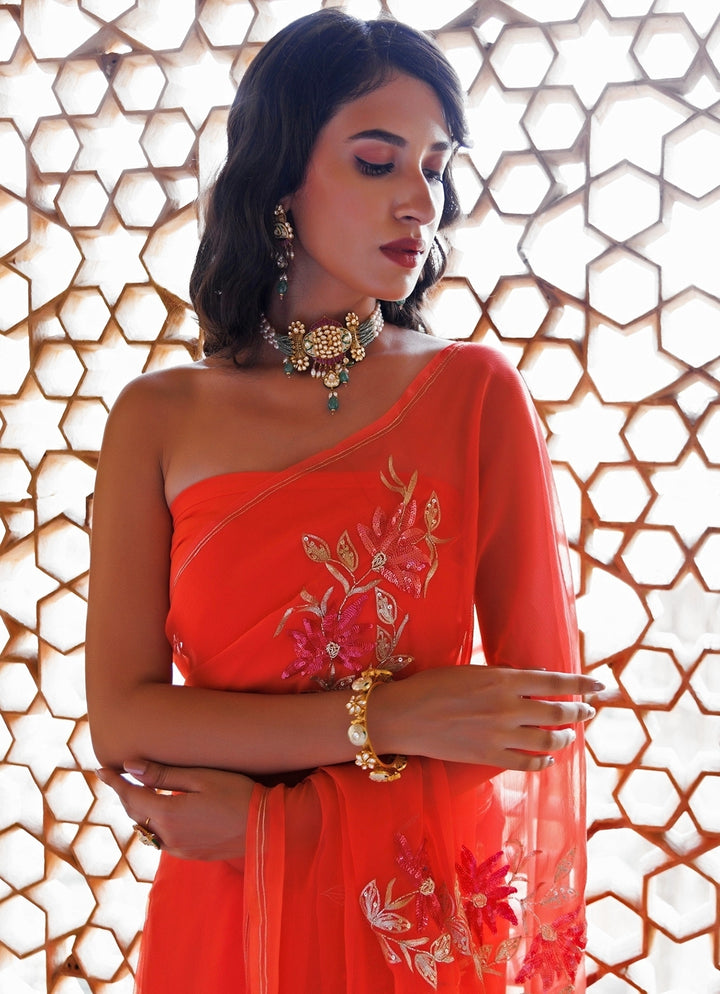 Peach Hand Embroidered Chiffon Saree