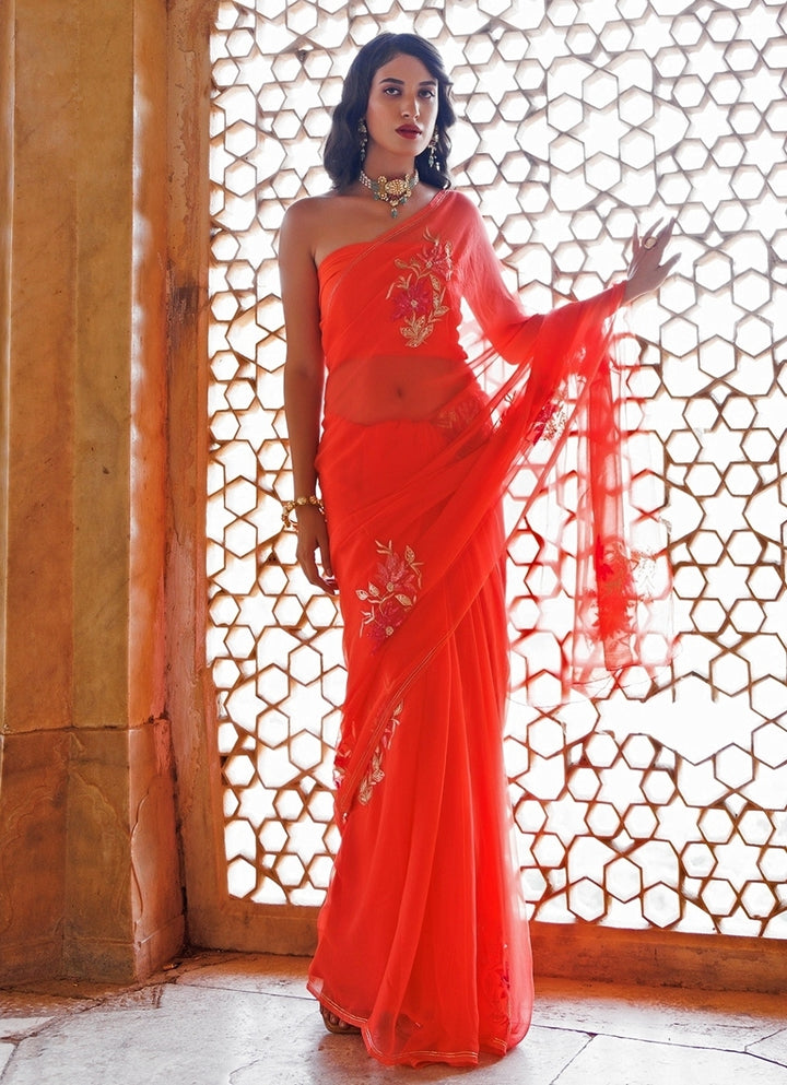 Peach Hand Embroidered Chiffon Saree
