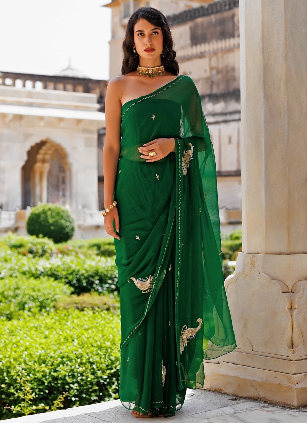 Emerald Green Hand Embroidered Chiffon Saree
