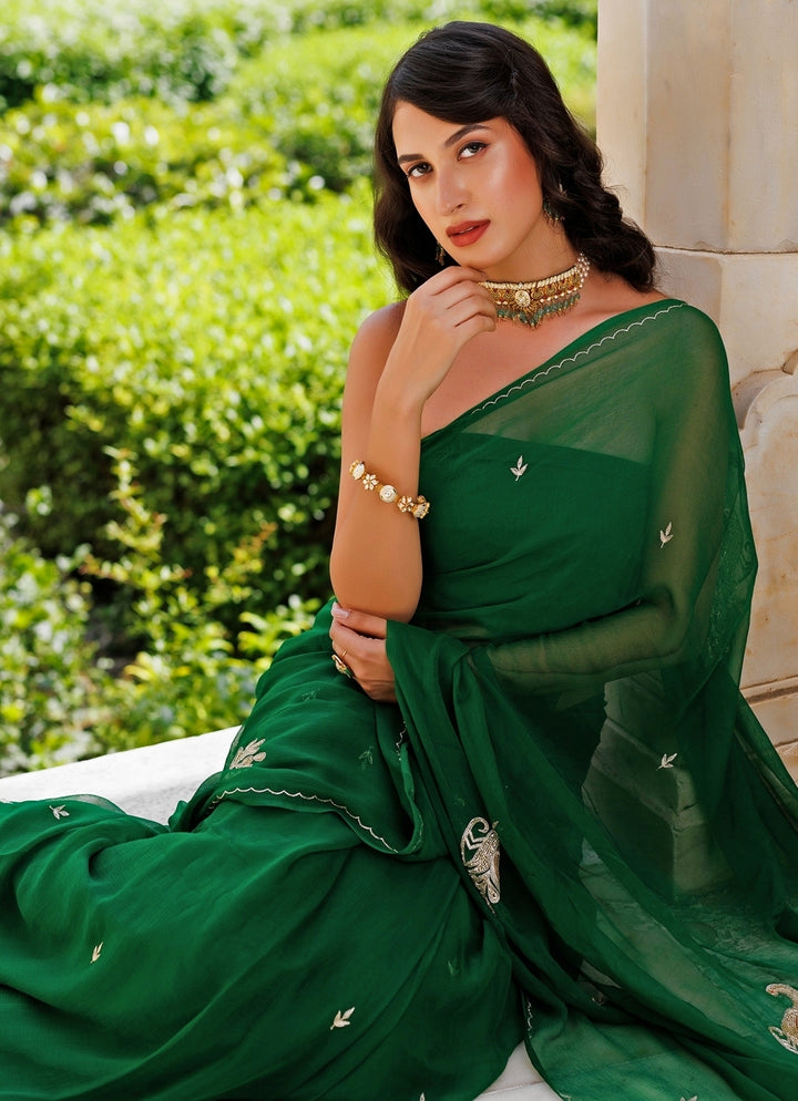 Emerald Green Hand Embroidered Chiffon Saree