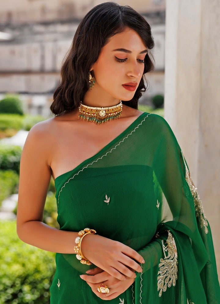 Emerald Green Hand Embroidered Chiffon Saree
