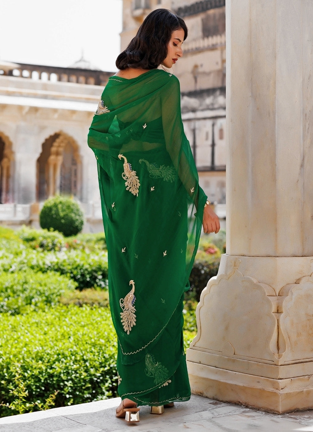 Emerald Green Hand Embroidered Chiffon Saree