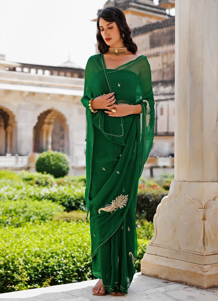 Emerald Green Hand Embroidered Chiffon Saree