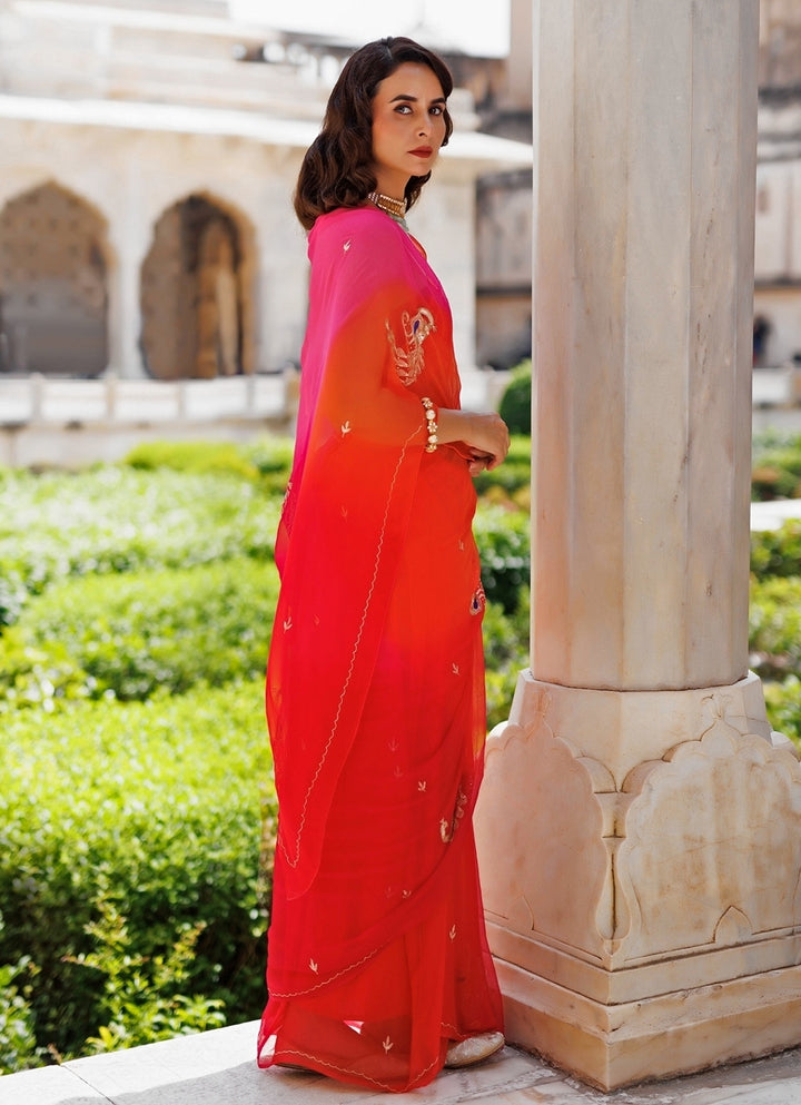 Pink And Orange Shaded Chiffon Saree