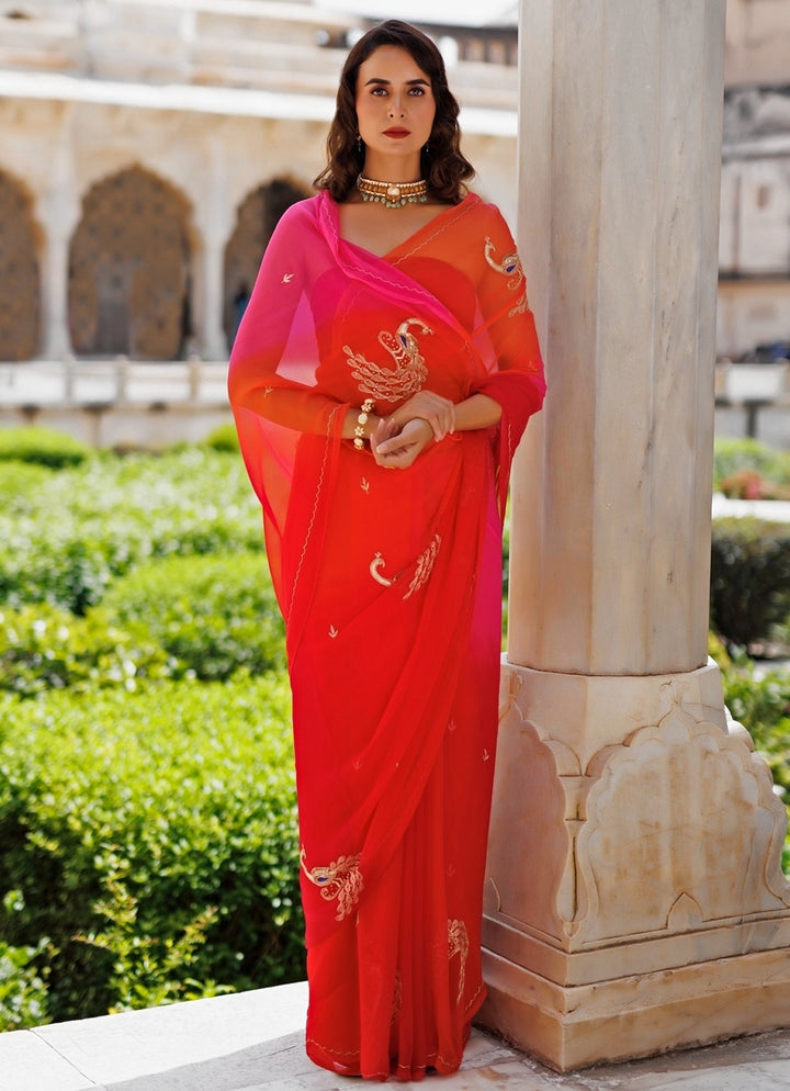 Pink And Orange Shaded Chiffon Saree