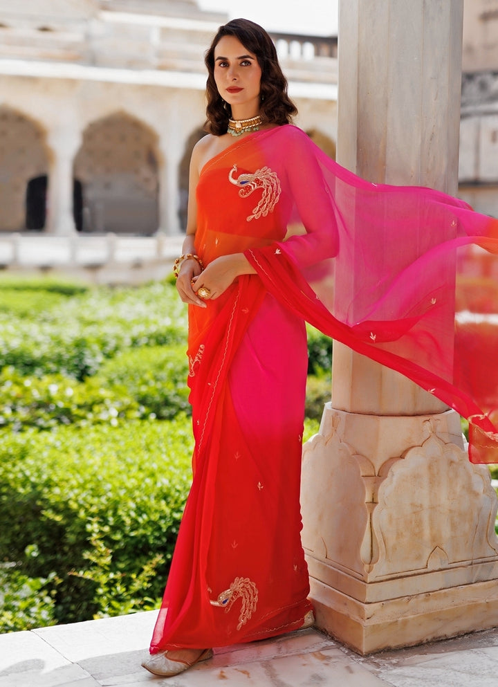Pink And Orange Shaded Chiffon Saree
