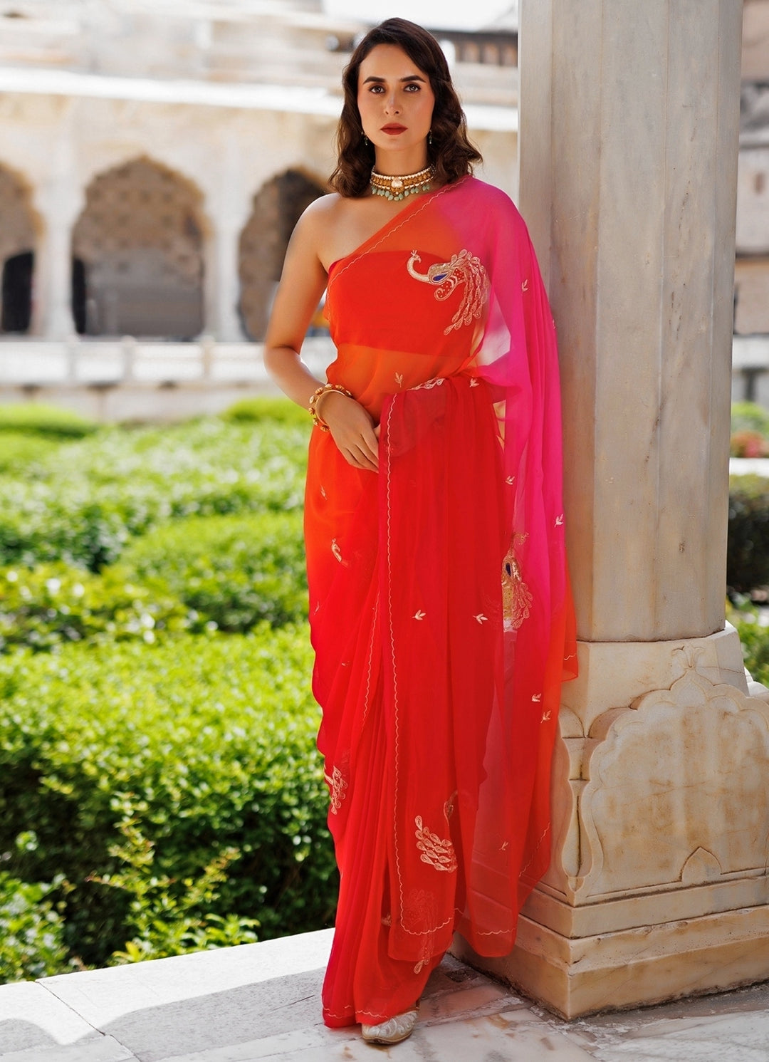 Pink And Orange Shaded Chiffon Saree