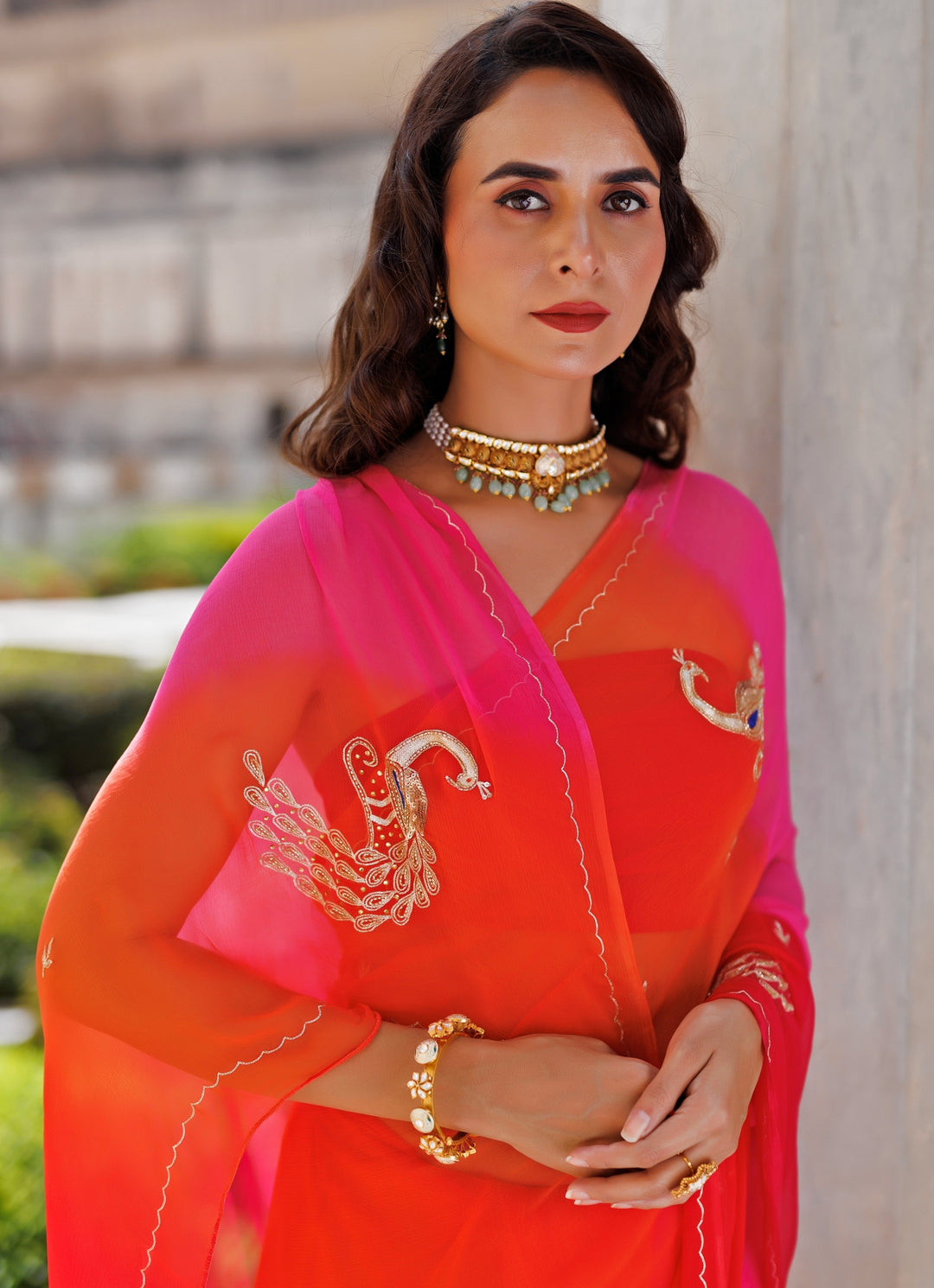 Pink And Orange Shaded Chiffon Saree