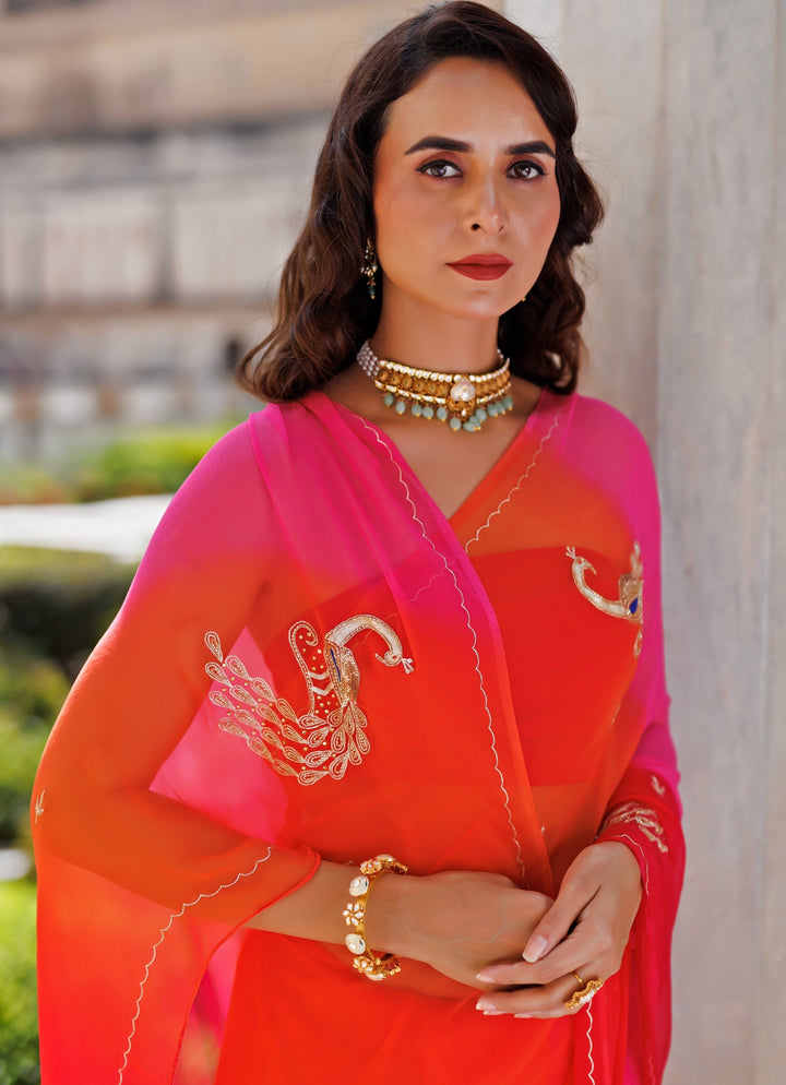Pink And Orange Shaded Chiffon Saree