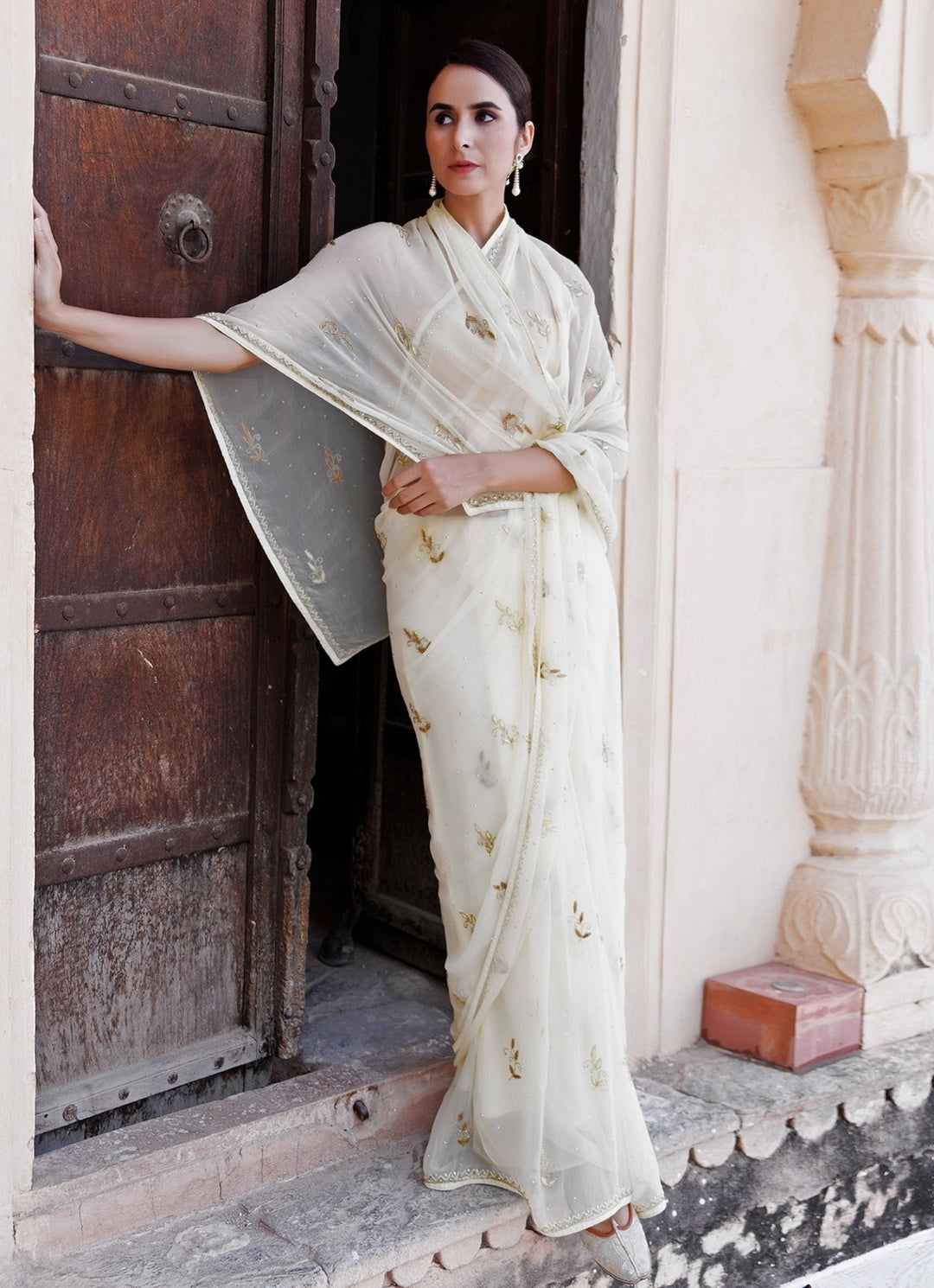 Cream Hand Embroidered Chiffon Saree