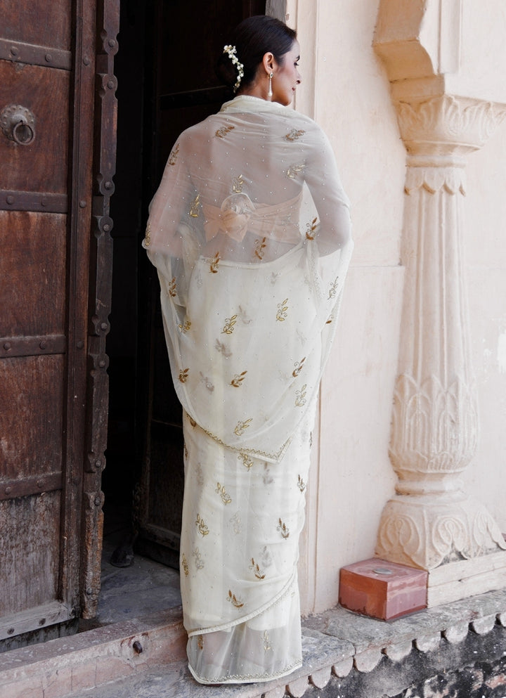 Cream Hand Embroidered Chiffon Saree
