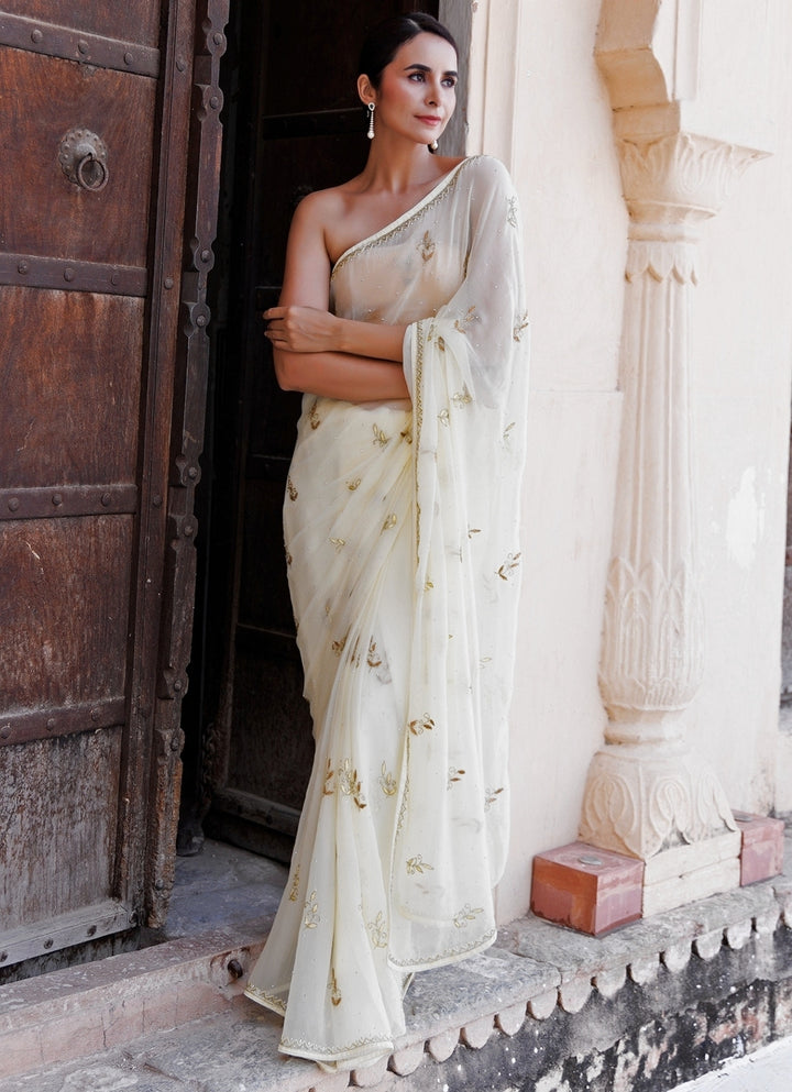 Cream Hand Embroidered Chiffon Saree