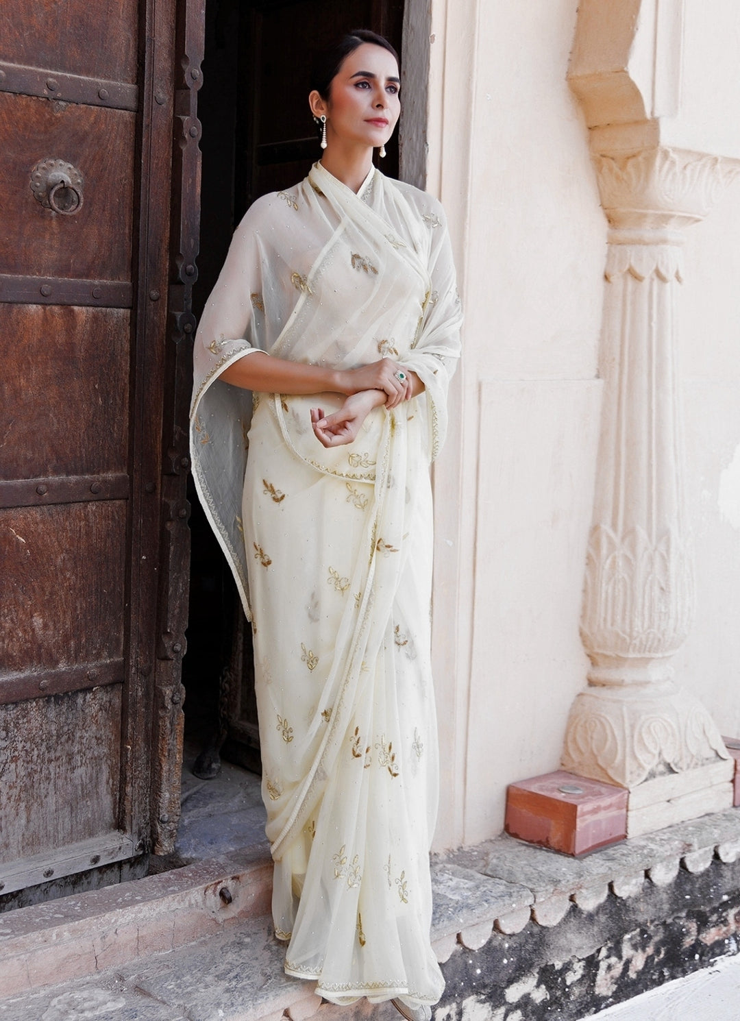 Cream Hand Embroidered Chiffon Saree