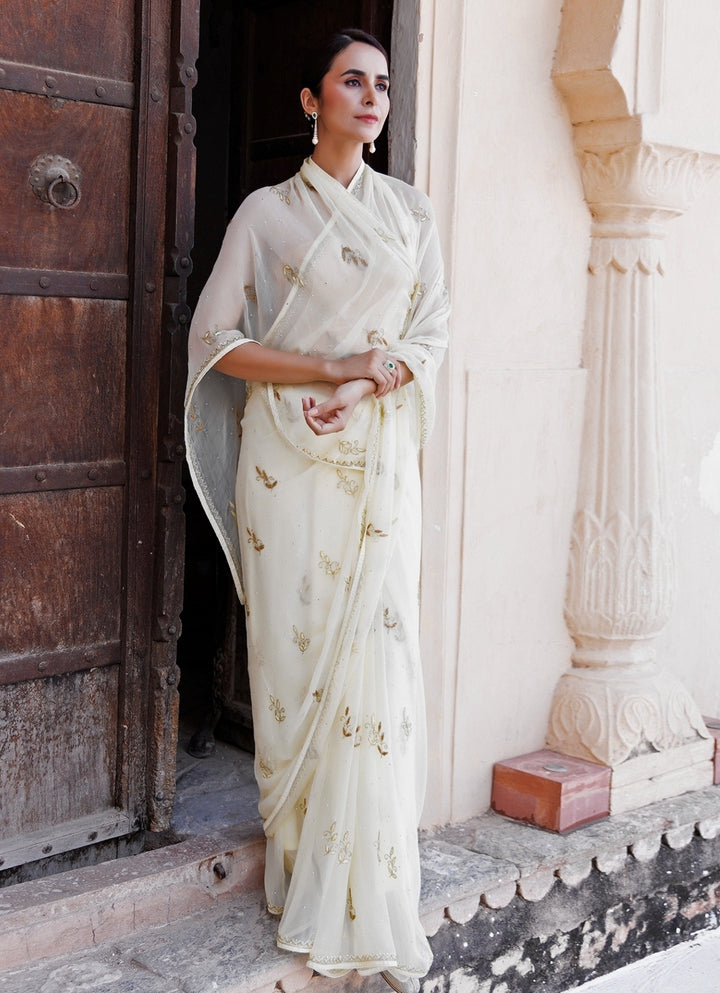 Cream Hand Embroidered Chiffon Saree