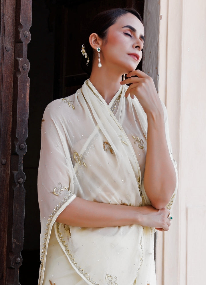 Cream Hand Embroidered Chiffon Saree