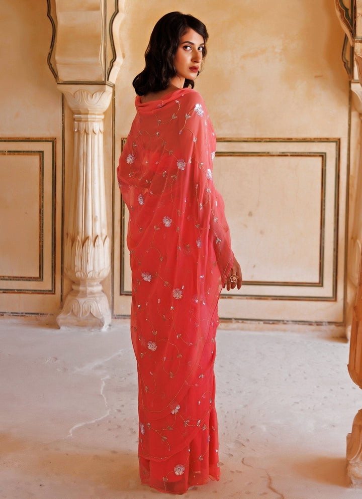 Rose Pink Hand Embroidered Chiffon Saree