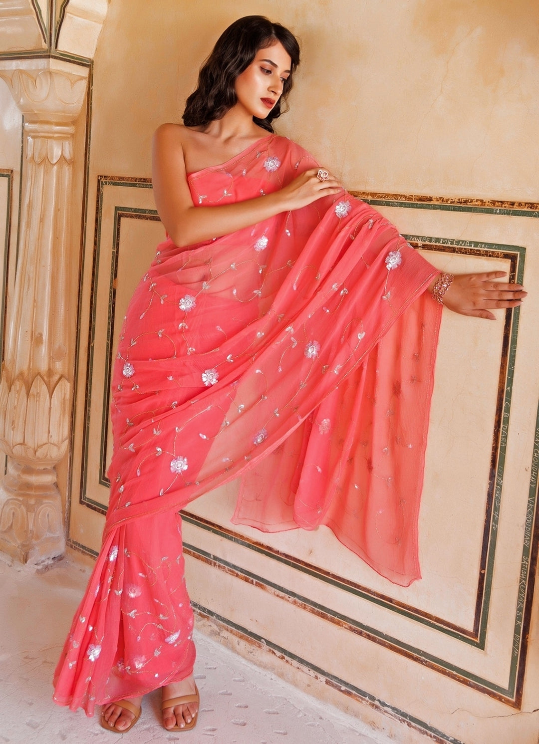 Rose Pink Hand Embroidered Chiffon Saree