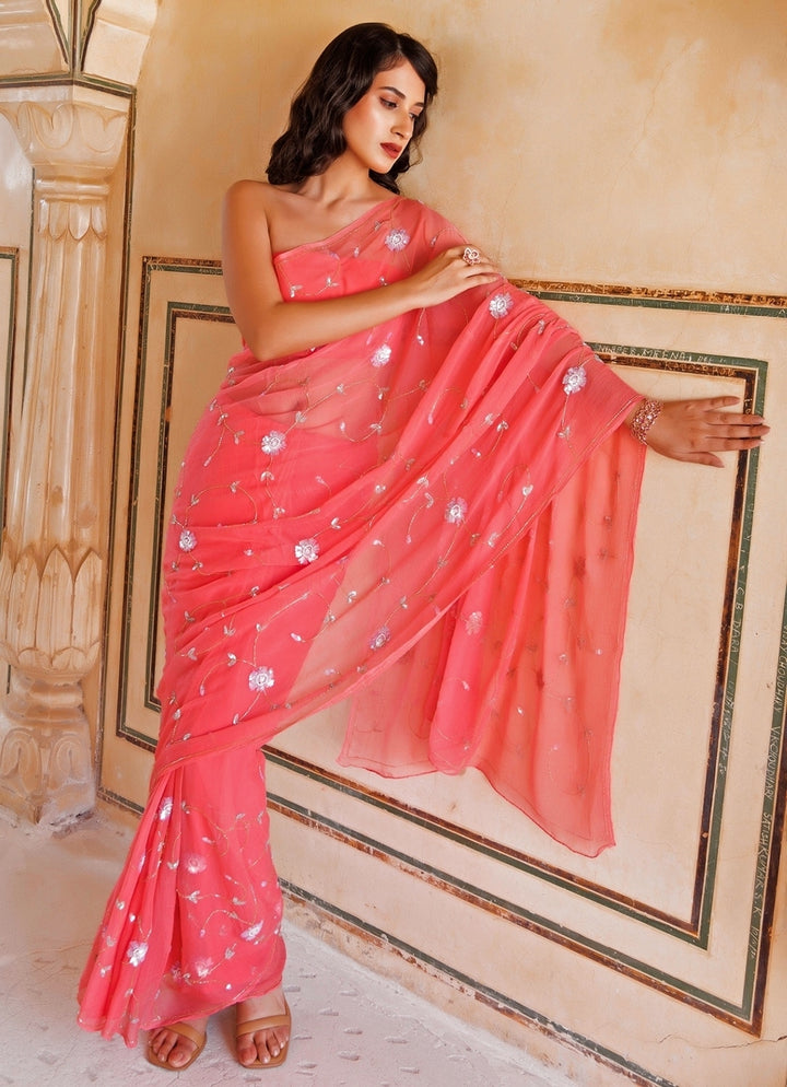 Rose Pink Hand Embroidered Chiffon Saree