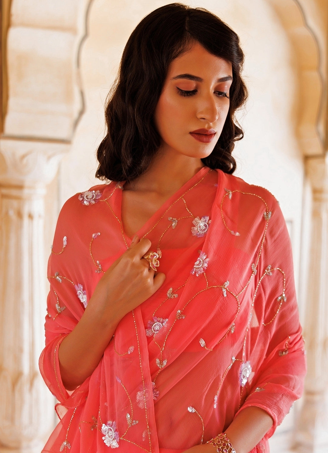 Rose Pink Hand Embroidered Chiffon Saree
