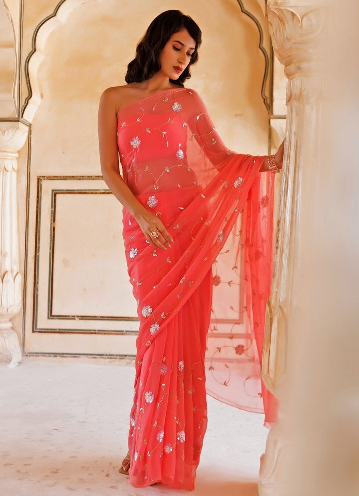 Rose Pink Hand Embroidered Chiffon Saree