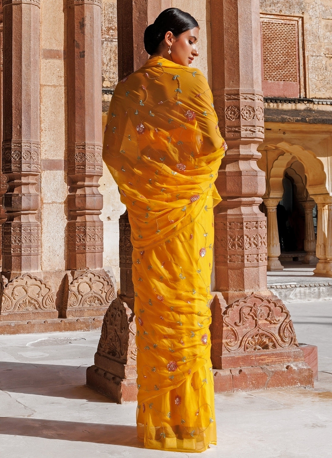 Yellow Chiffon Jaal Work Saree