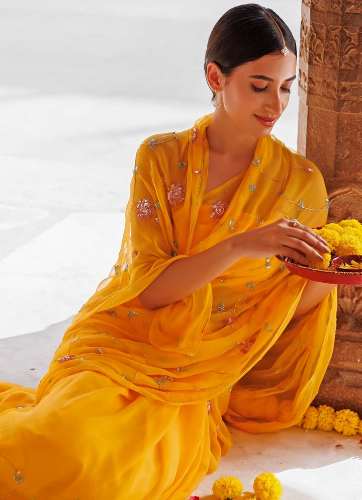Yellow Chiffon Jaal Work Saree