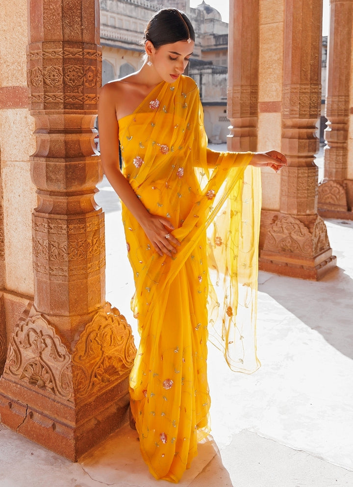 Yellow Chiffon Jaal Work Saree