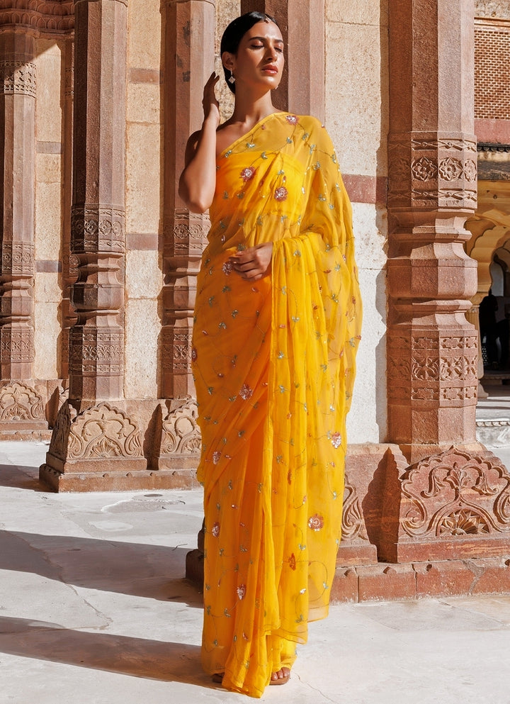 Yellow Chiffon Jaal Work Saree