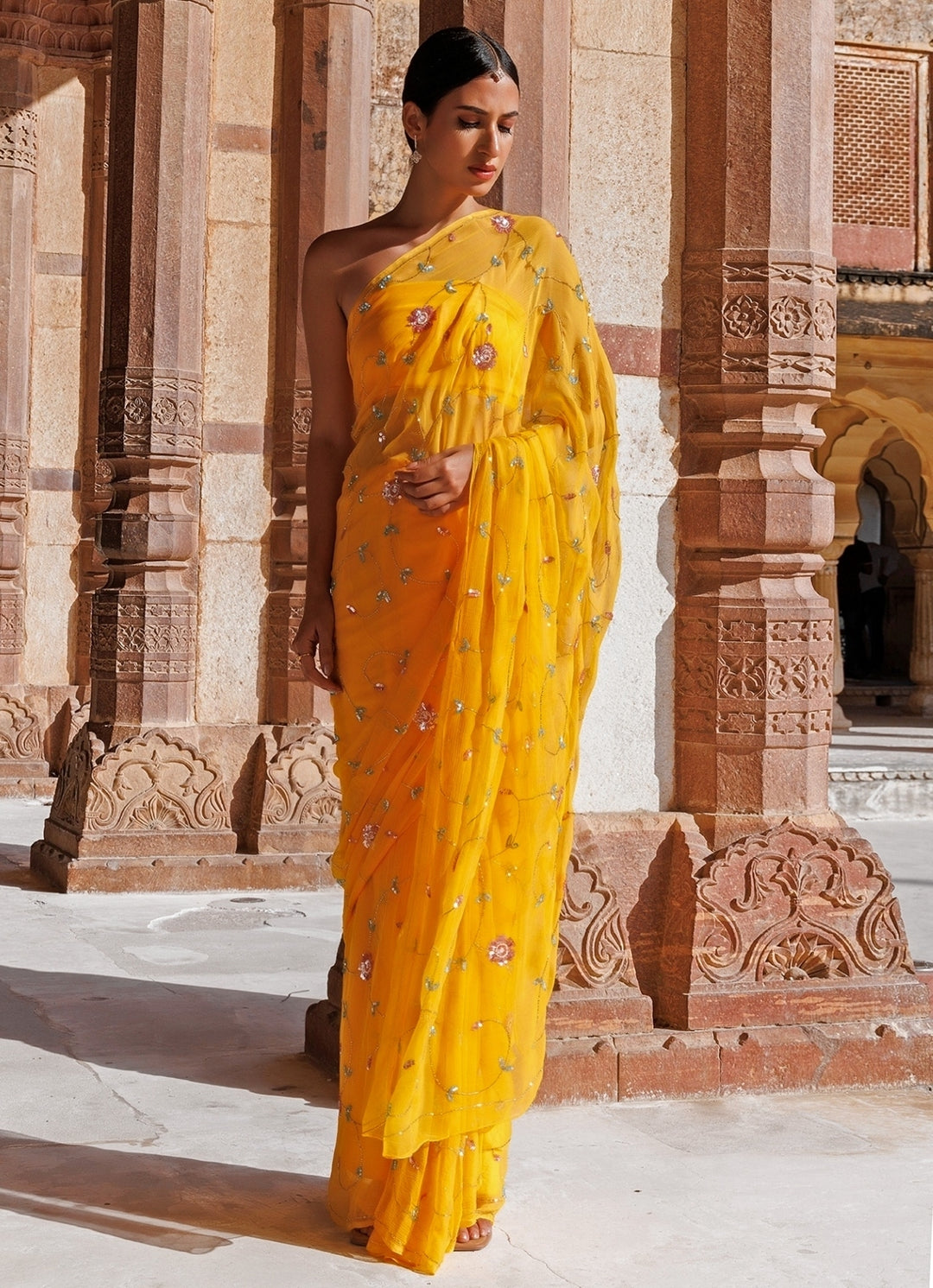 Yellow Chiffon Jaal Work Saree