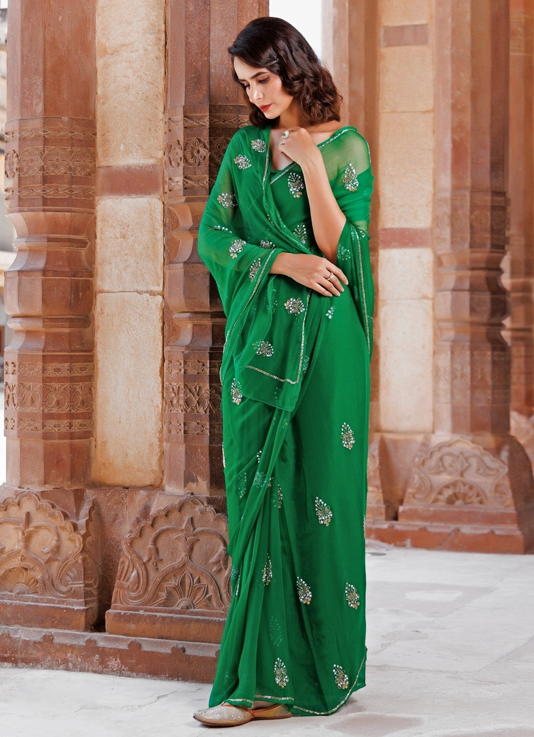 Green Embroidered Chiffon Saree