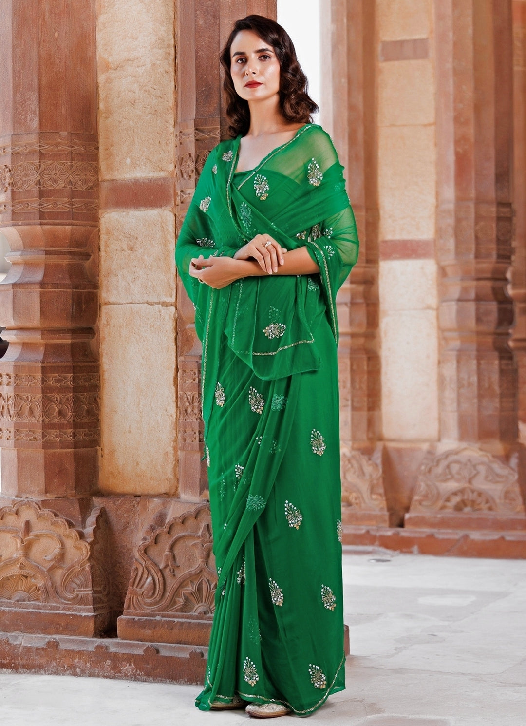 Green Embroidered Chiffon Saree