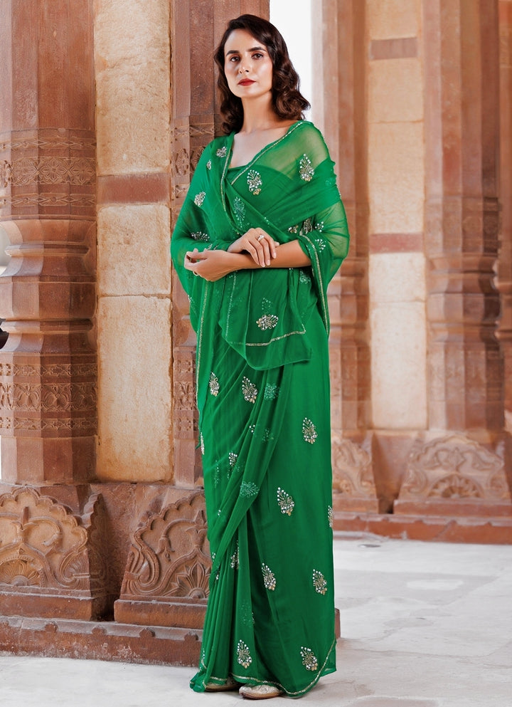 Green Embroidered Chiffon Saree