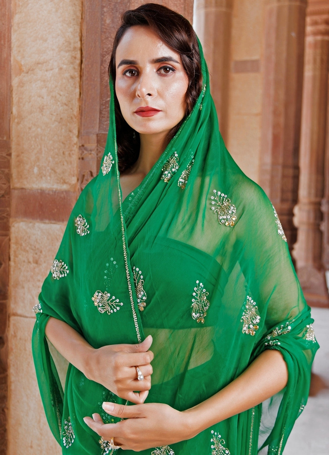 Green Embroidered Chiffon Saree