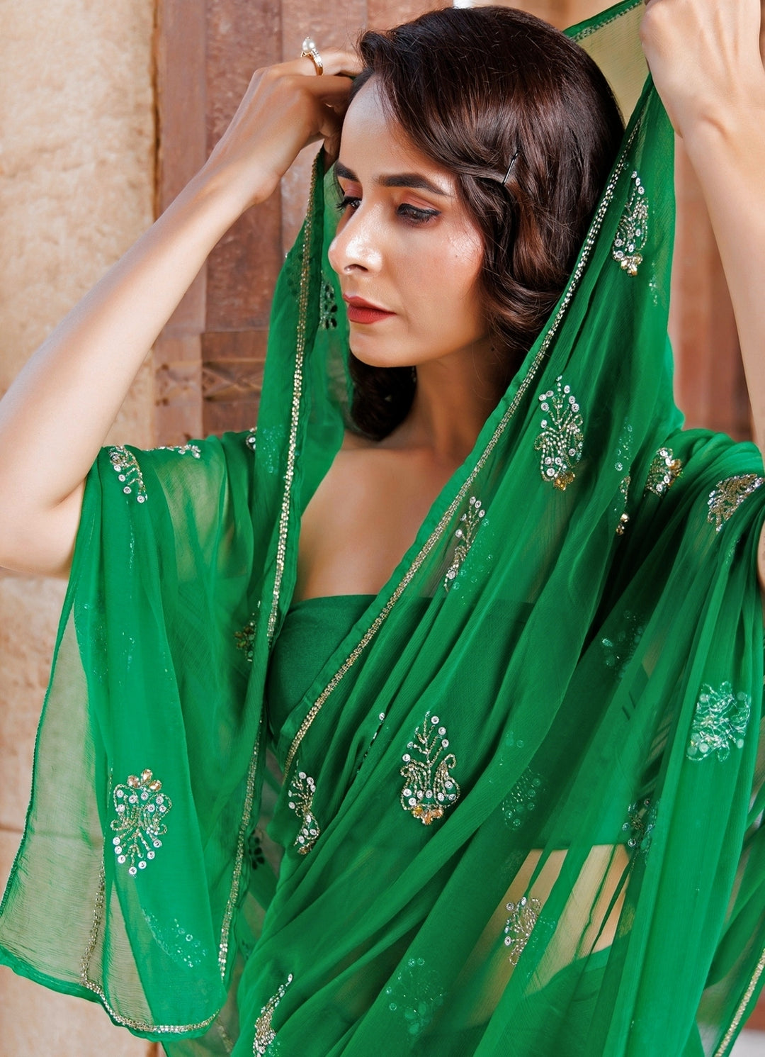 Green Embroidered Chiffon Saree