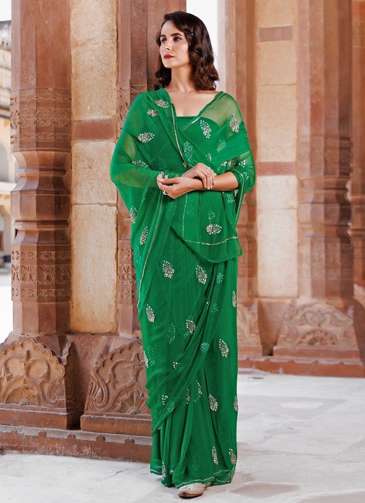 Green Embroidered Chiffon Saree