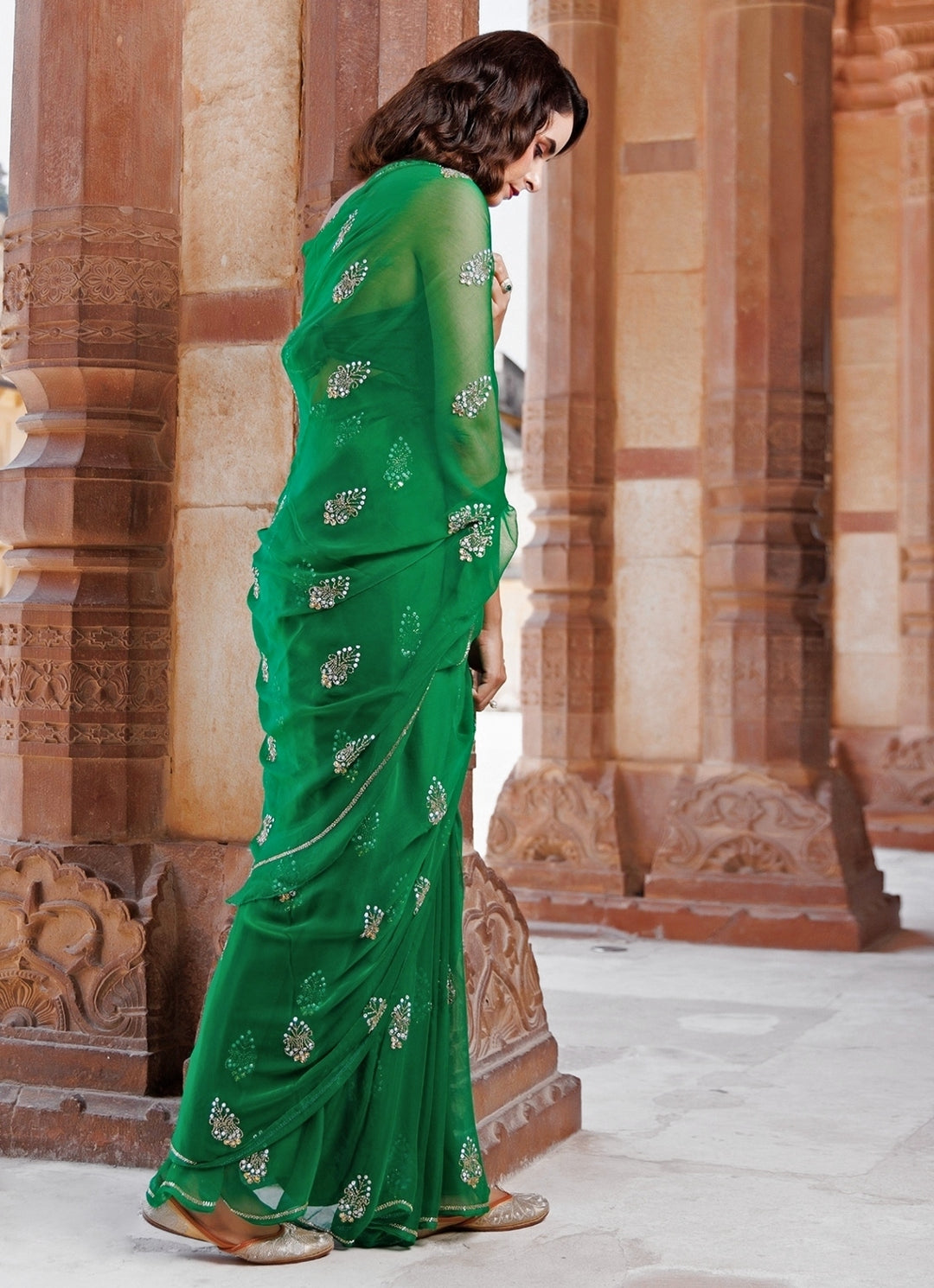 Green Embroidered Chiffon Saree