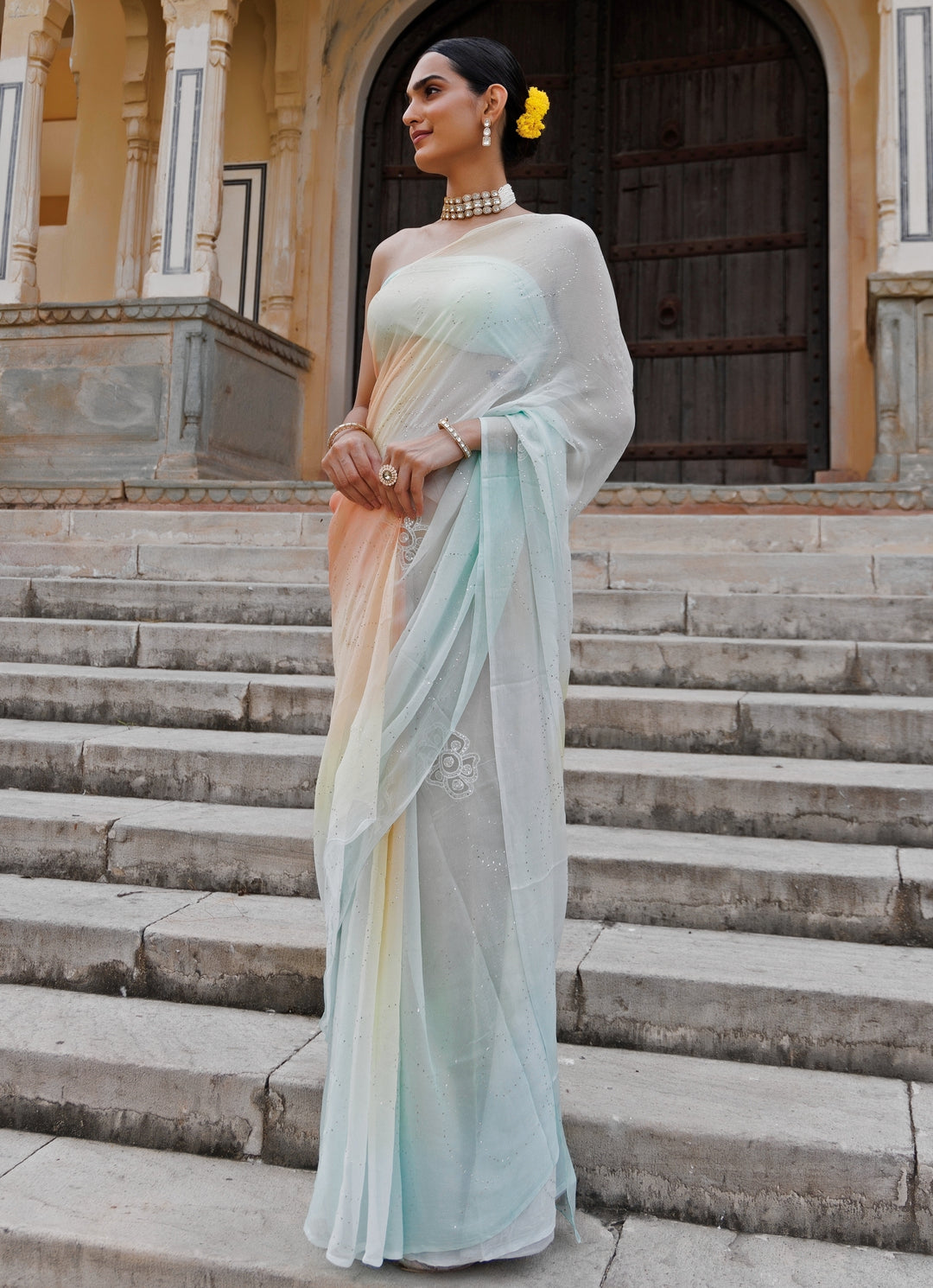 Multicolor Shaded Hand Embroidered Chiffon Saree