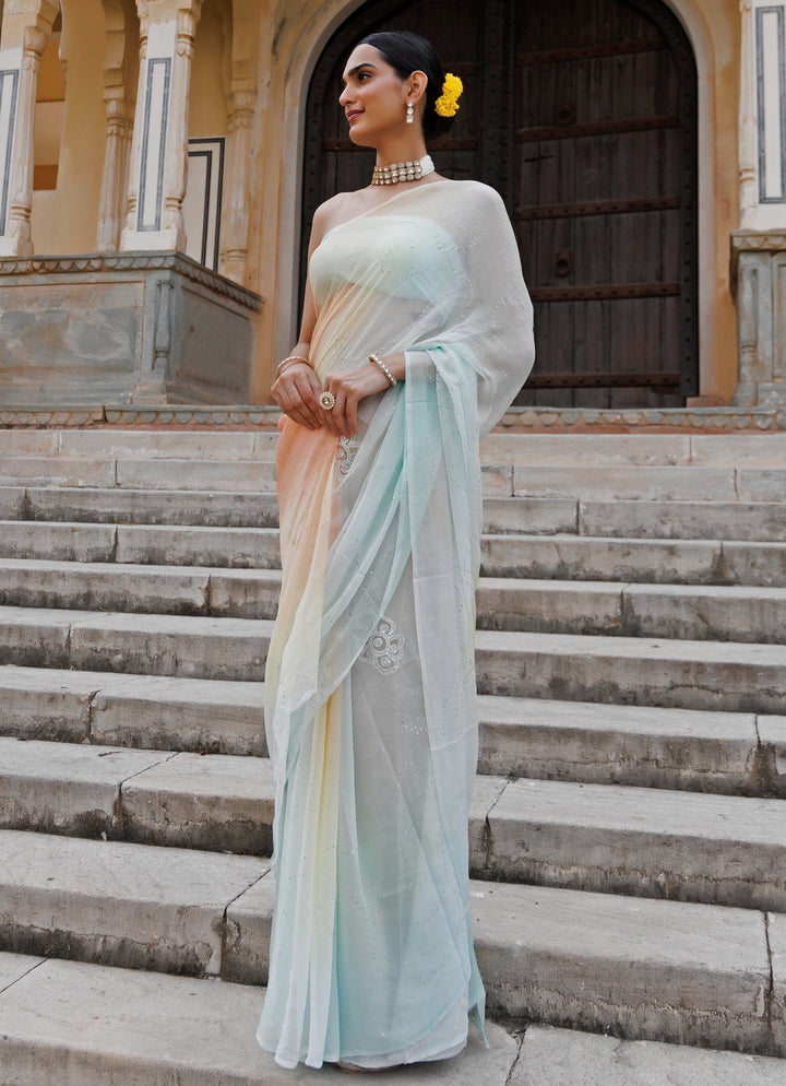 Multicolor Shaded Hand Embroidered Chiffon Saree