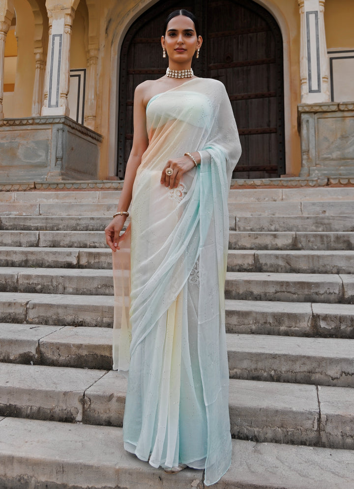 Multicolor Shaded Hand Embroidered Chiffon Saree