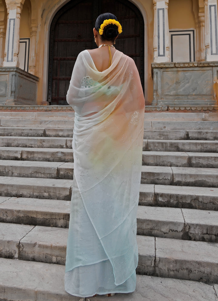 Multicolor Shaded Hand Embroidered Chiffon Saree