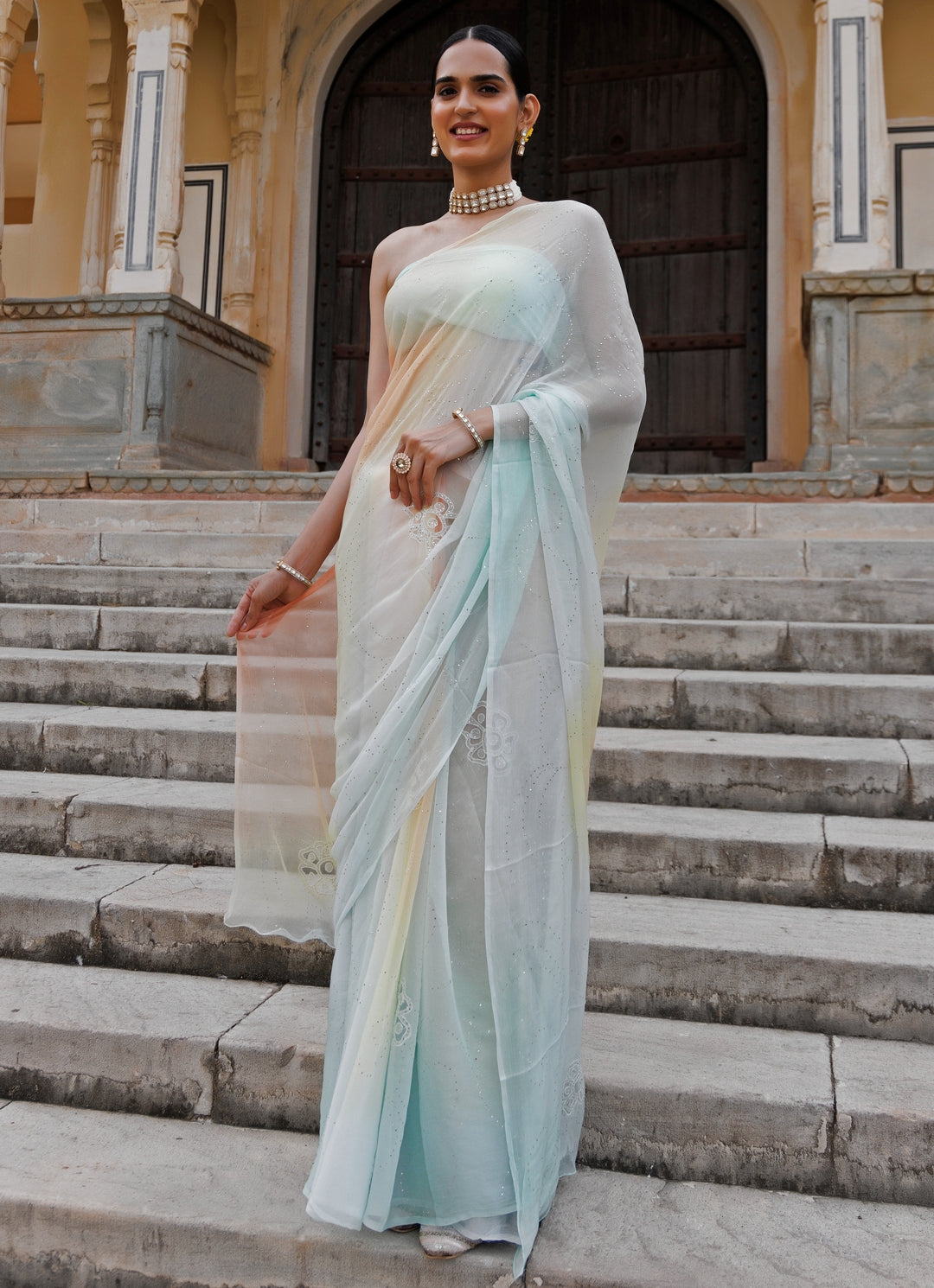 Multicolor Shaded Hand Embroidered Chiffon Saree