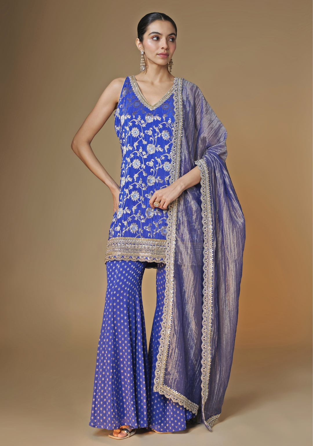 Cobalt Blue Banarasi Silk Kurta Sharara Set