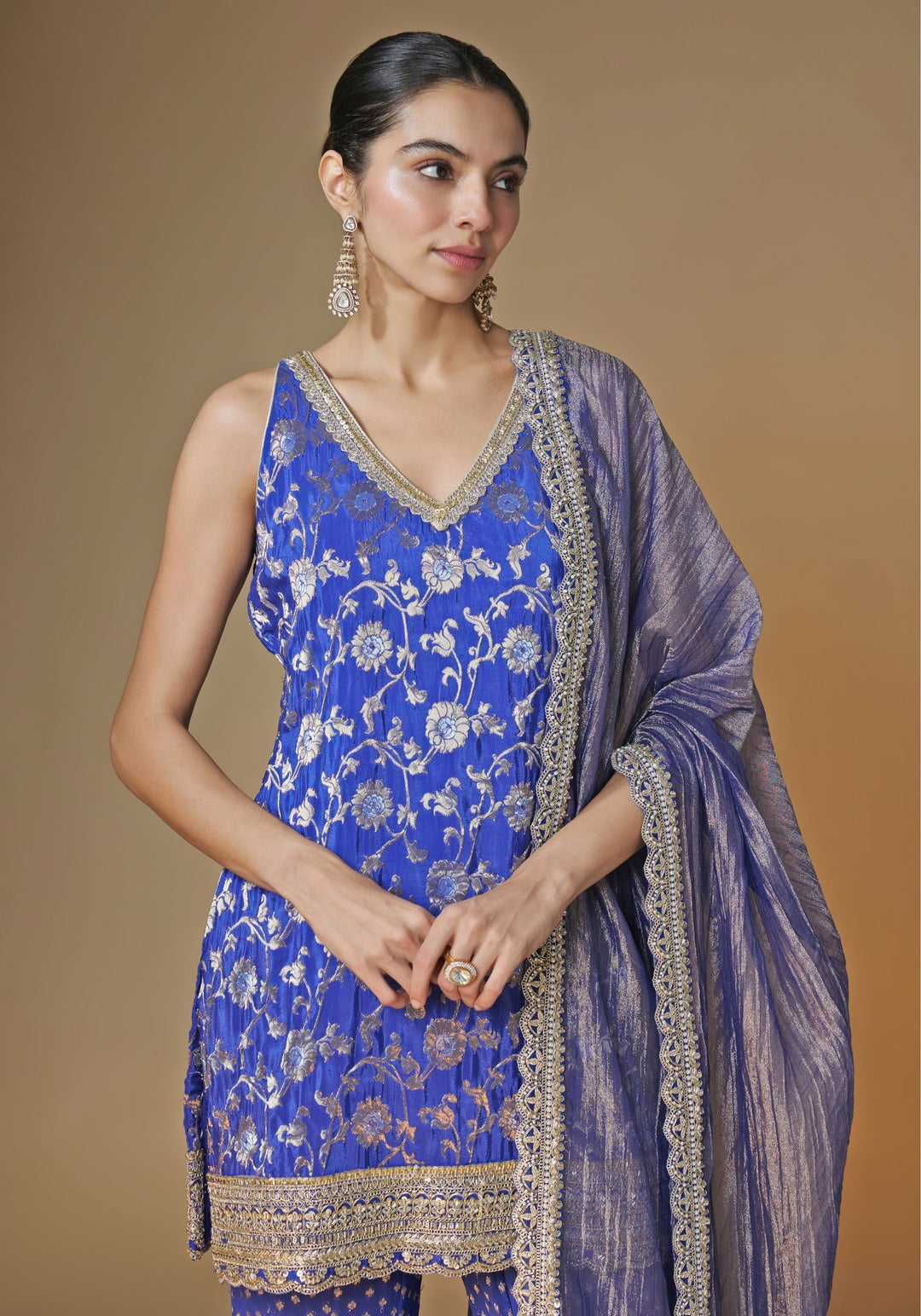 Cobalt Blue Banarasi Silk Kurta Sharara Set