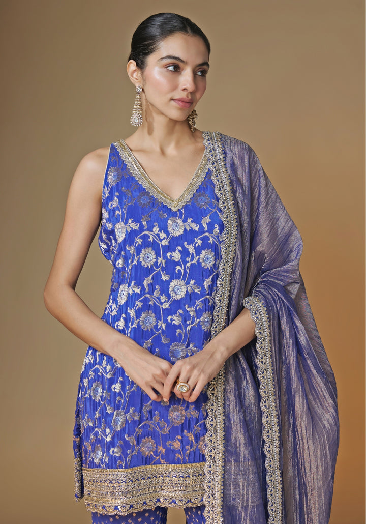 Cobalt Blue Banarasi Silk Kurta Sharara Set