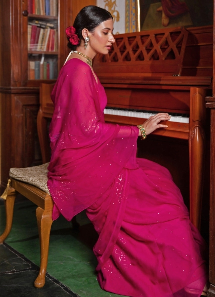Hot Pink Hand Embroidered Chiffon Saree