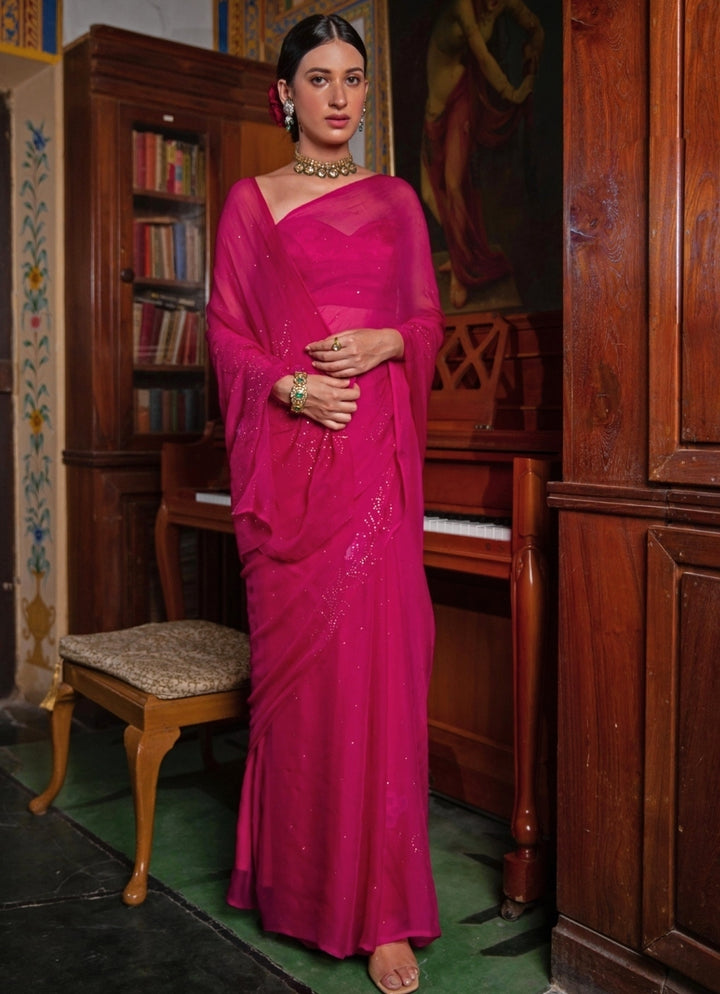 Hot Pink Hand Embroidered Chiffon Saree