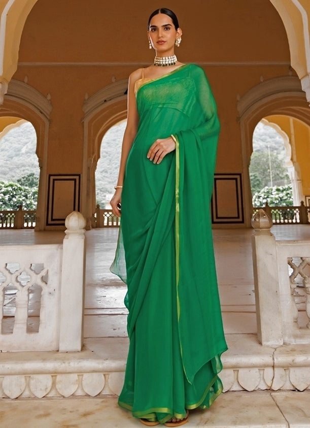 Green Hand-Dyed Chiffon Saree