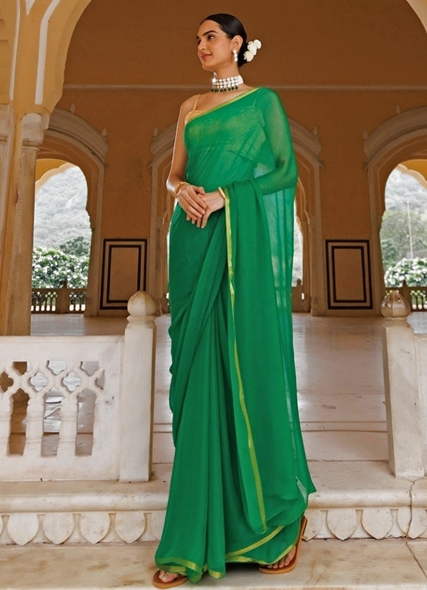 Green Hand-Dyed Chiffon Saree